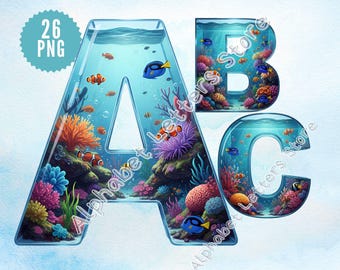 Fish Font, Ocean Alphabet,  Aquarium Fish Clipart, Sea Letters, Marine Life font, Marine Alphabet, Coral Reef Font, Digital Letter,