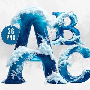 May include: Digital art of the letters A, B, and C, each designed as a blue ocean wave with white foam. The letters are in a bold, stylized font. A blue badge with the text "26 PNG" is in the upper left corner. The words "Alphabet Letters Store" are in the image.