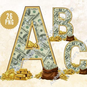 Puede incluir: Letras A, B y C con marco dorado, rellenas de billetes de 100 dólares y diamantes. Monedas de oro, lingotes y bolsas de dinero marrones rodean las letras. Un círculo dorado con el texto "26 PNG" está en la esquina superior izquierda. El fondo es de color beige claro.