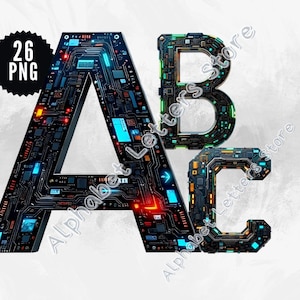 May include: Digital alphabet letters A, B, and C with a circuit board design. The letters are black with blue, green, and red accents. The image includes a black circle with the text "26 PNG".