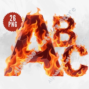 Puede incluir: Gráfico digital de las letras A, B y C, cada una envuelta en llamas. Las letras son de color rojo oscuro, con llamas naranjas y amarillas. Una insignia roja en la esquina superior izquierda dice "26 PNG". Las palabras "Alphabet Letters Store" están impresas en diagonal.