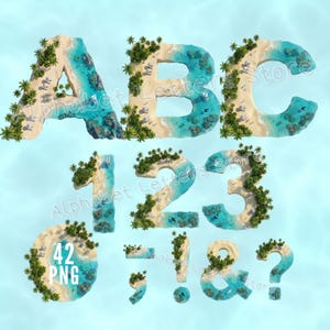 May include: A collection of tropical-themed letters, numbers, and symbols. The letters A, B, and C, along with the numbers 1, 2, 3, and the symbols !, &, ?, and a zero with the text "42 PNG" are designed to resemble miniature islands with sandy beaches, turquoise water, and palm trees.