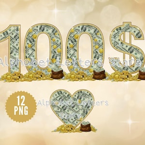 Puede incluir: Un gráfico digital con el número "100" y el símbolo del dólar, todos llenos de imágenes de moneda estadounidense. Monedas de oro, lingotes de oro y sacos de dinero están en la base de los números y el símbolo. También se incluye un gráfico en forma de corazón lleno de dinero.
