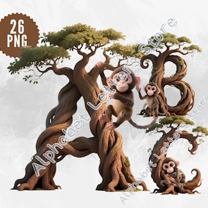 May include: Digital illustration of the letters A, B, and C, each formed by a tree with lush green foliage. Three cartoon monkeys are perched on the trees. The image includes a brown circle with the text "26 PNG".