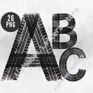 May include: Black and white graphic of the letters A, B, and C, each designed with tire tread patterns. A circular badge in the upper left corner reads "26 PNG". The background is a light, textured gray.