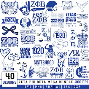 May include: A digital design bundle featuring 40 Zeta Phi Beta designs in blue and white. Includes various logos, illustrations, and text elements such as "1920" and "Sisterhood". The bottom of the image displays "Zeta Phi Beta Mega Bundle 300 DPI".