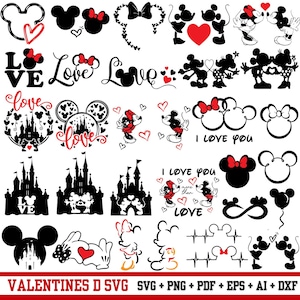 Op de afbeelding: Een verzameling zwart-rode Valentijnsdag-thema graphics met Mickey en Minnie Mouse. Ontwerpen omvatten silhouetten, harten, strikken, kastelen en de woorden "Love" en "I Love You". De onderste tekst luidt "VALENTINES D SVG SVG + PNG + PDF + EPS + AI + DXF".