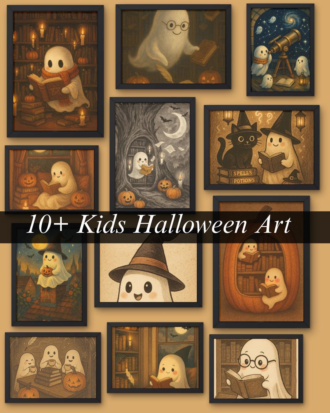 Printable Halloween Wall Art for Kids Room – Cute Ghost in Library ...