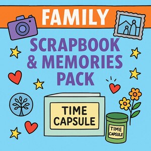 Könnte beinhalten: Hellblauer Hintergrund mit den Worten "FAMILY SCRAPBOOK & MEMORIES PACK" in Weiß und Lila. Das Bild zeigt eine Kamera, einen Bilderrahmen, Herzen, Sterne, Blumen, eine Zeitkapsel und einen grünen Behälter mit der Aufschrift "TIME CAPSULE".