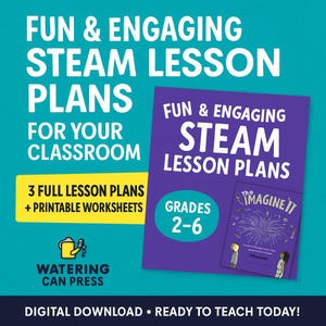 May include: A teal graphic with white text that reads "FUN & ENGAGING STEAM LESSON PLANS FOR YOUR CLASSROOM." A purple book cover says "FUN & ENGAGING STEAM LESSON PLANS" and "GRADES 2-6."