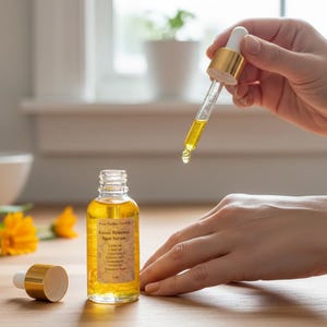 May include: A clear glass bottle of Lunar Renewal Spot Serum with a gold cap and dropper. The serum is yellow and is being applied to the skin. The bottle has a label with text. The background includes a wooden surface, flowers, and a window.