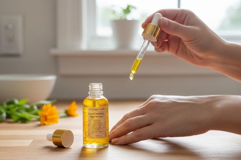 May include: A clear glass bottle of Lunar Renewal Spot Serum with a gold cap and dropper. The serum is yellow and is being applied to the skin. The bottle has a label with text. The background includes a wooden surface, flowers, and a window.