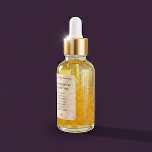 May include: A clear glass bottle with a gold cap and white dropper, filled with a yellow liquid. The bottle has a white label with the text "Facial Renewal Serum". The liquid contains yellow plant matter. The bottle is 1 fl oz.