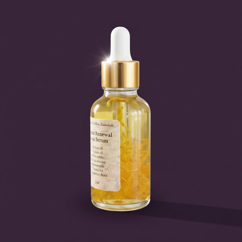 May include: A clear glass bottle with a gold cap and white dropper, filled with a yellow liquid. The bottle has a white label with the text "Facial Renewal Serum". The liquid contains yellow plant matter. The bottle is 1 fl oz.