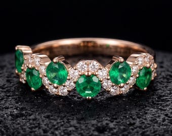 Vintage Inspired Emerald Anniversary Band, Round Lab Created Emerald Stacking Ring, Gold Plated Moissanite Half Eternity Ring for Women