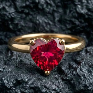 Könnte beinhalten: Ein goldener Ring mit einem herzförmigen, tiefroten Edelstein. Der Ring ist vor einem dunklen, strukturierten Hintergrund platziert, der die lebendige Farbe und Form des Steins hervorhebt. Der Ring hat ein glattes, poliertes Band.