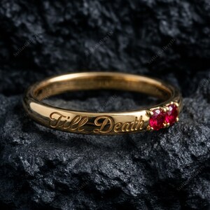 Engraved Ruby Promise Ring, Lab Created Ruby Band, Custom Personalised Ring, Yellow Gold Plated Stacking Ring for Women