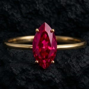 Marquise Ruby Engagement Ring, Minimalist Solitaire Promise Ring, Lab Created Pink Gemstone, July Birthstone Jewelry Gift for Her