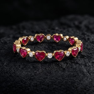 Heart Ruby Eternity Band, Lab Created Ruby and Moissanite Wedding Band, 14K Gold Plated Silver Anniversary Ring, Stacking Ring for Women