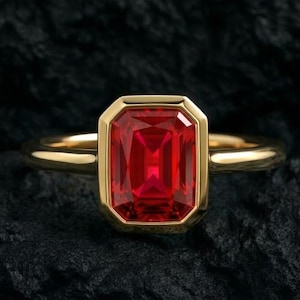 Vintage Emerald Cut Garnet Ring, Solid Gold Bezel Set, Handmade Promise Ring