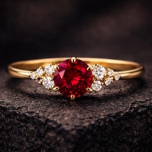 Engagement Ruby Ring, Gold Cluster Ring, Round Cut, Anniversary, Promise