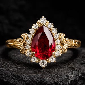 May include: A gold ring with a pear-shaped, deep red gemstone at the center, surrounded by a halo of small, clear gemstones. The ring has an ornate, filigree design on the band and around the central stone.