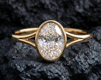 Oval Bezel Engagement Ring, Split Shank Lab Diamond Ring in Gold, Unique Solitaire Promise Ring, Minimalist Wedding Band for Her