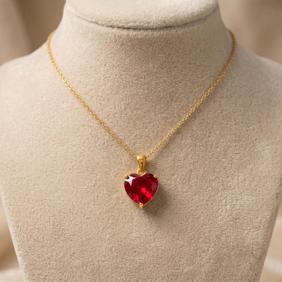 Heart Shaped Ruby Necklace, Lab Created Pink Ruby Pendant, Romantic Anniversary Gift for Her, Minimalist Gold Chain, July Birthstone Jewelry