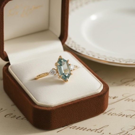 Hexagon Cut Teal Sapphire & Kite Cut Moissanite Trilogy Wedding Ring, Dainty Stackable Anniversary Ring, Minimalist Jewelry for Engagement