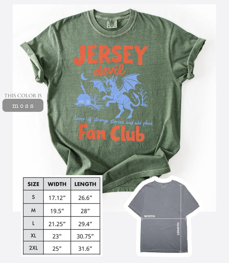 May include: Moss green t-shirt with a graphic featuring the text "Jersey Devil Fan Club" in orange and a blue illustration of the Jersey Devil. The shirt includes size and measurement details in inches.