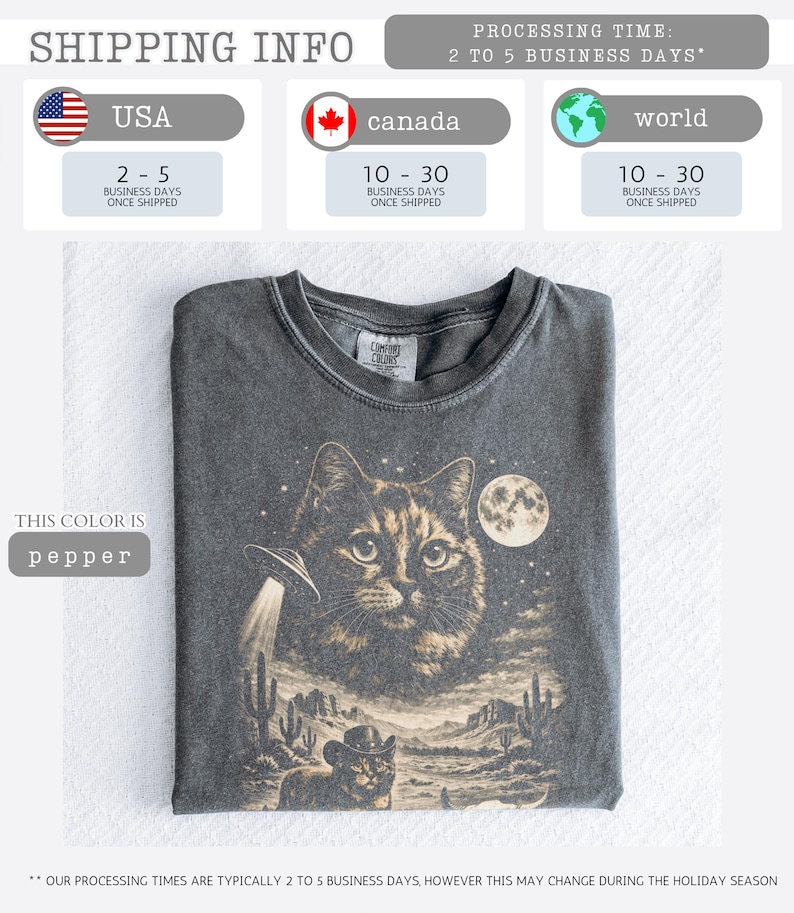 Pu&ograve; includere: T-shirt color pepe con un gatto con cappello da cowboy e un paesaggio desertico con un UFO. Il design grafico include una luna piena e stelle. La maglietta &egrave; realizzata in un materiale morbido.
