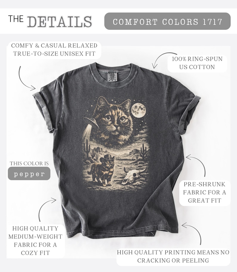 Pu&ograve; includere: T-shirt unisex color pepe con una grafica raffigurante un gatto, un UFO, un paesaggio desertico e un teschio. La maglietta &egrave; realizzata in 100% cotone americano filato ad anello e ha un tessuto pre-ristretto per una vestibilit&agrave; ottimale. Il testo sulla maglietta dice "THE DETAILS" e "COMFORT COLORS 1717".