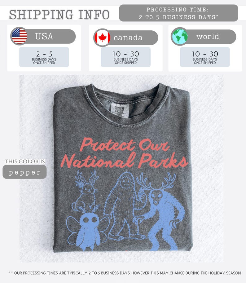 May include: A dark gray t-shirt with the text "Protect Our National Parks" in pink. Below the text are blue illustrations of forest creatures. The shirt is labeled "pepper" in the image.