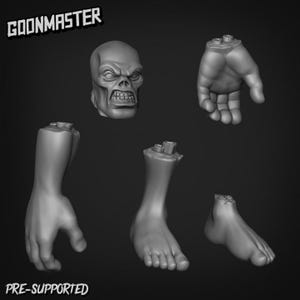 May include: A 3D render of a zombie-like figure's dismembered parts: a head, hands, and feet. The head has a grimacing expression. The text "GOONMASTER" and "PRE-SUPPORTED" are visible in the image.