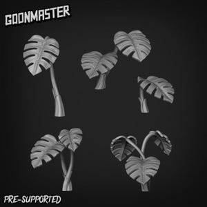 May include: Grayscale image of Monstera leaf models in different compositions. The image shows several stylized plant leaves with detailed veining, each on a stem. The text "GOONMASTER" and "PRE-SUPPORTED" are displayed in the image.