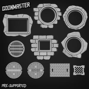 May include: A selection of grey, 3D-printed miniature sewer and drain covers, grates, and frames. The image shows various shapes, including rectangular, circular, and square, with different textures and designs. The text "GOONMASTER" and "PRE-SUPPORTED" are visible.