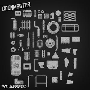 May include: A selection of grey 3D-printed mechanical parts, such as pipes, gears, and panels, set against a dark backdrop. The text "GOONMASTER" and "PRE-SUPPORTED" are visible. These components are likely for model making or crafting projects.