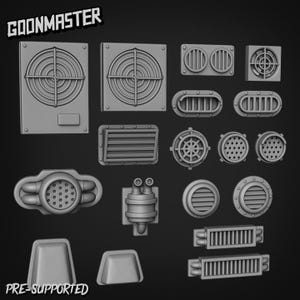May include: A selection of grey, 3D-printed miniature industrial components. Includes fan-like grilles, vents, and cylindrical parts. The text "GOONMASTER" and "PRE-SUPPORTED" are visible.