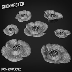 May include: A grayscale image showing multiple detailed flower models with textured surfaces. Each flower has a central core surrounded by petal-like shapes. The image includes the text "GOONMASTER" and "PRE-SUPPORTED".