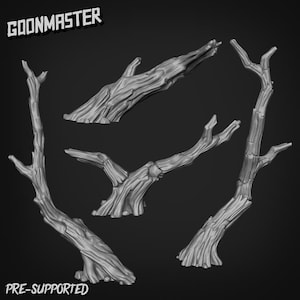 May include: A set of grey, pre-supported tree branch models. The branches are of different sizes and shapes, with detailed textures and visible bark patterns. The text "GOONMASTER" and "PRE-SUPPORTED" are displayed in the image.