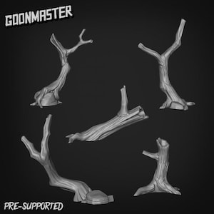 May include: A grayscale image featuring five stylized tree branch models. The branches are of various shapes and sizes, some with small rock bases. The text "GOONMASTER" and "PRE-SUPPORTED" are visible in the image.
