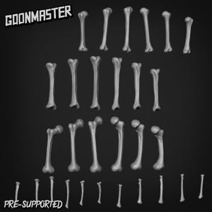 May include: A collection of grey, three-dimensional bone models arranged in rows against a dark background. The set includes various long bones and smaller bone fragments. The text GOONMASTER and PRE-SUPPORTED is visible in the corners.