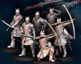 May include: A group of six miniature archers in silver armor, each holding a bow and arrow. The figures are posed in various stances, some kneeling, others standing, with a larger, blurred image of an archer in the background. The figures are on a dark base.