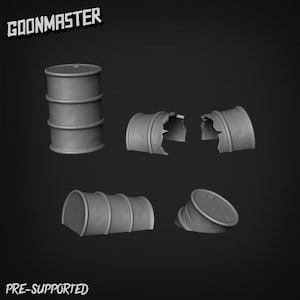 May include: A grayscale image showing 3D-printed barrels, some intact and others damaged. The image includes the text "GOONMASTER" and "PRE-SUPPORTED". The barrels are designed for a game or model.