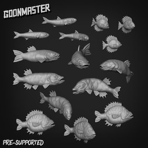 May include: A selection of grey, 3D-printed fish models in different sizes and poses. The image features the text "GOONMASTER" at the top and "PRE-SUPPORTED" at the bottom. The fish are detailed with fins, scales, and realistic features.