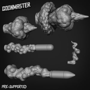 May include: A selection of 3D-rendered grey smoke and bullet models. The text "GOONMASTER" is at the top left, and "PRE-SUPPORTED" is at the bottom. The models include various smoke cloud shapes and two bullet designs.
