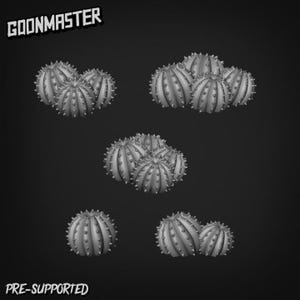 May include: A grayscale image showing several clusters of spiky, spherical objects, similar to cacti, against a dark backdrop. The objects are arranged in different groups. The text "GOONMASTER" and "PRE-SUPPORTED" are visible in the image.