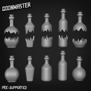 May include: A selection of grey, 3D-rendered bottles, some broken into jagged pieces. The bottles vary in shape and size, with a classic bottle design and a stopper at the top. The text "GOONMASTER" and "PRE-SUPPORTED" are displayed in the image.