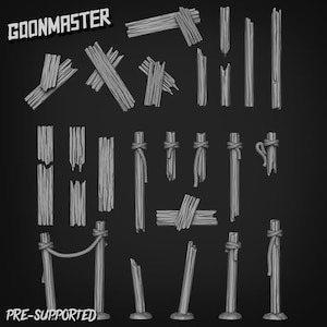 May include: A selection of grey, weathered wooden planks, posts, and beams, some with rope detailing. The image includes the text "GOONMASTER" and "PRE-SUPPORTED". The pieces vary in size and shape, suitable for miniature terrain.