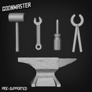 May include: A monochrome image of blacksmithing tools: a hammer, spanner, screwdriver, tongs, and anvil. The image includes the text "GOONMASTER" and "PRE-SUPPORTED".